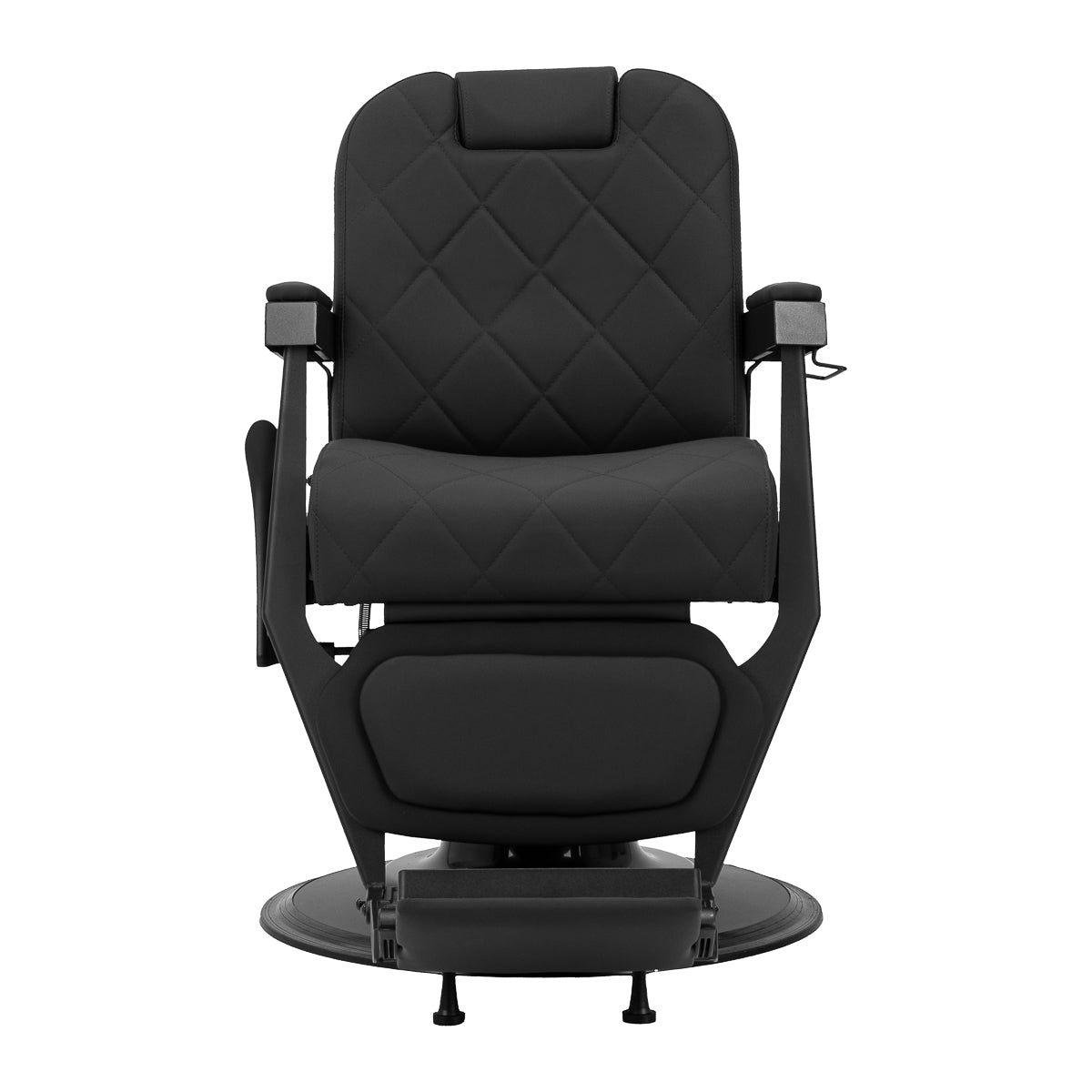 Gabbiano Bruno barber chair with black frame, padded seat and backrest, adjustable height, and classic barbershop furniture design.