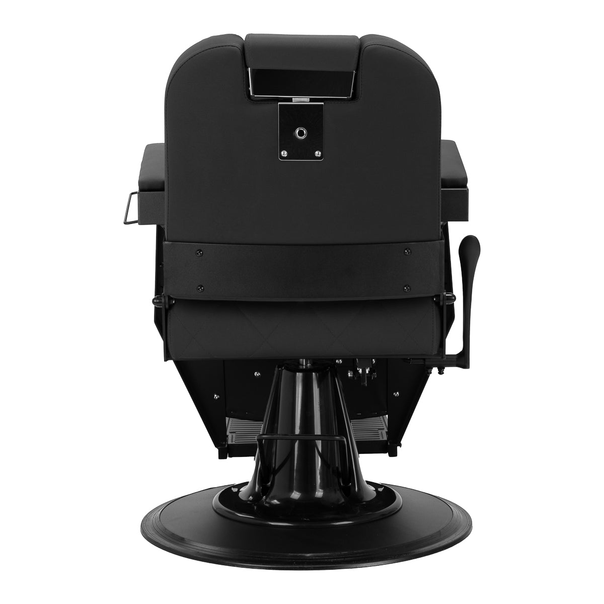 Gabbiano Bruno barber chair with black frame and upholstery, featuring a padded seat and backrest for barbershop use.