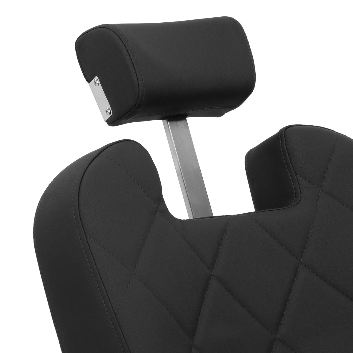 Gabbiano Bruno barber chair with black frame and upholstery, featuring a cushioned seat and adjustable height for barbershop use.