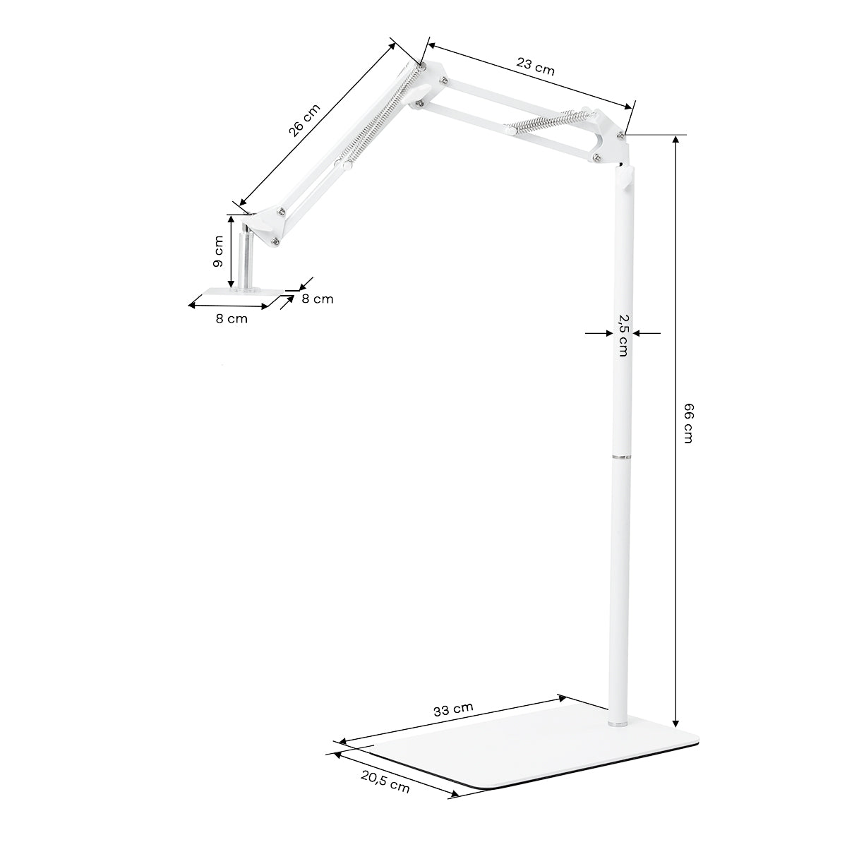 GLOW Adjustable UV/LED Pedicure Lamp Stand – White; dimension drawing, 33 × 20.5 cm base