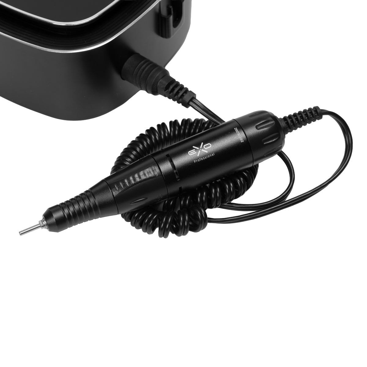 EXO Syntra Nail Drill 35W – Black · Coiled handpiece cable