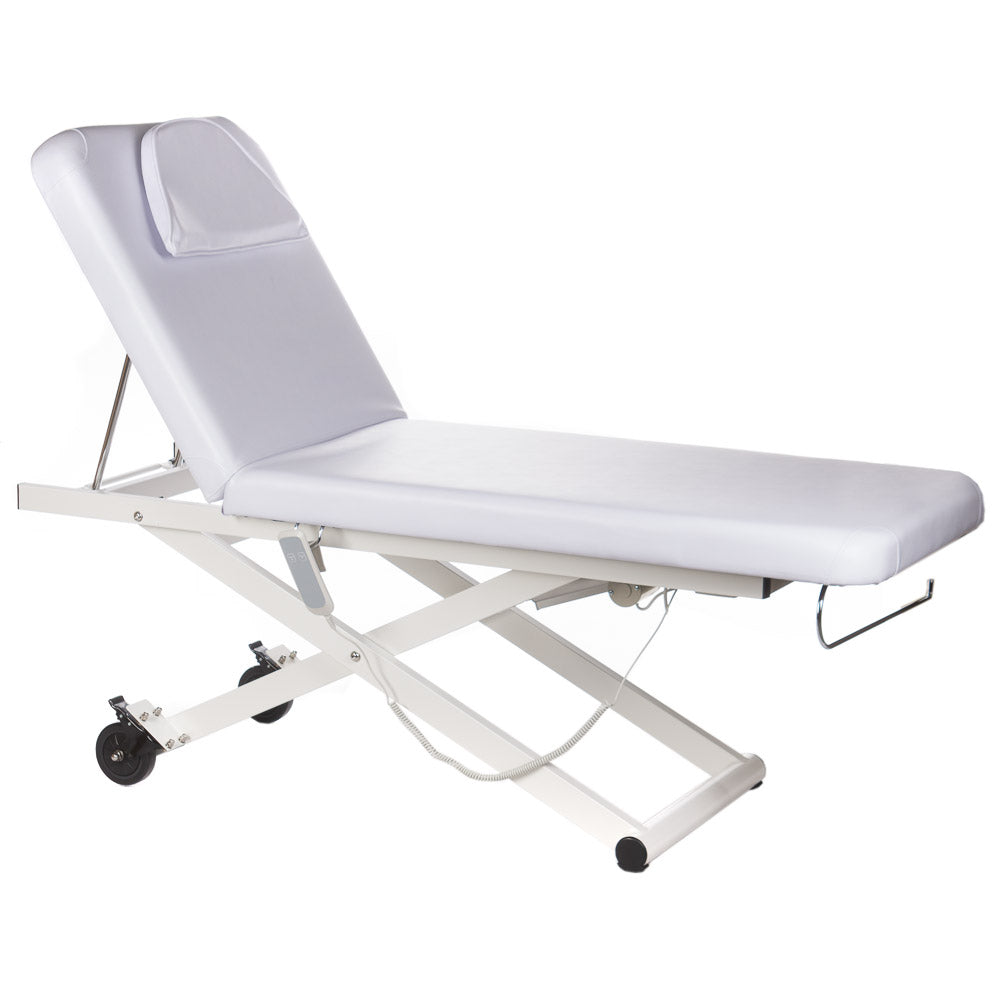 White electrical rehabilitation table BY-1041 by Beauty System with adjustable surface and sturdy frame for therapy treatments