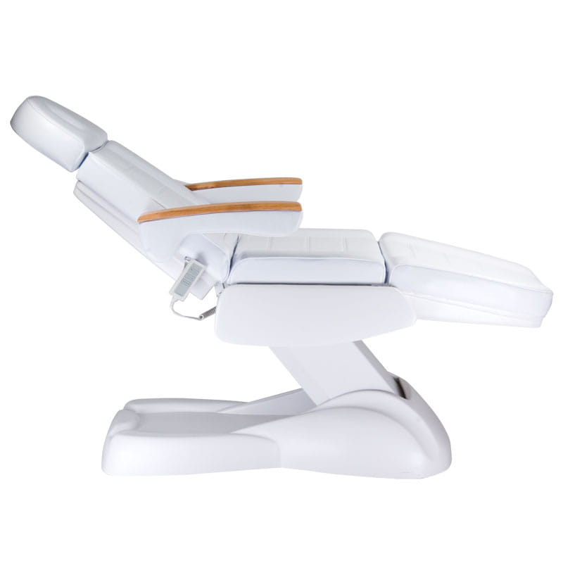Electric cosmetic chair by Beauty System, LUX BW-273B-4 model, white leather upholstery, adjustable headrest and armrests.