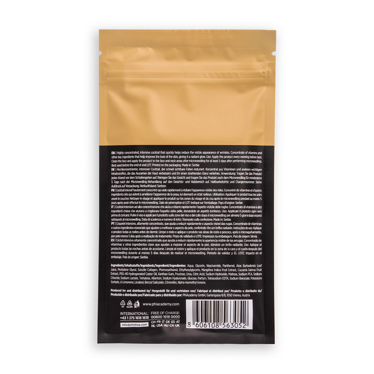 PhiAcademy Ultimate Skin Cocktail 3ml 5pcs — reverse of the five-ampoule Ultimate Skin Cocktail pouch