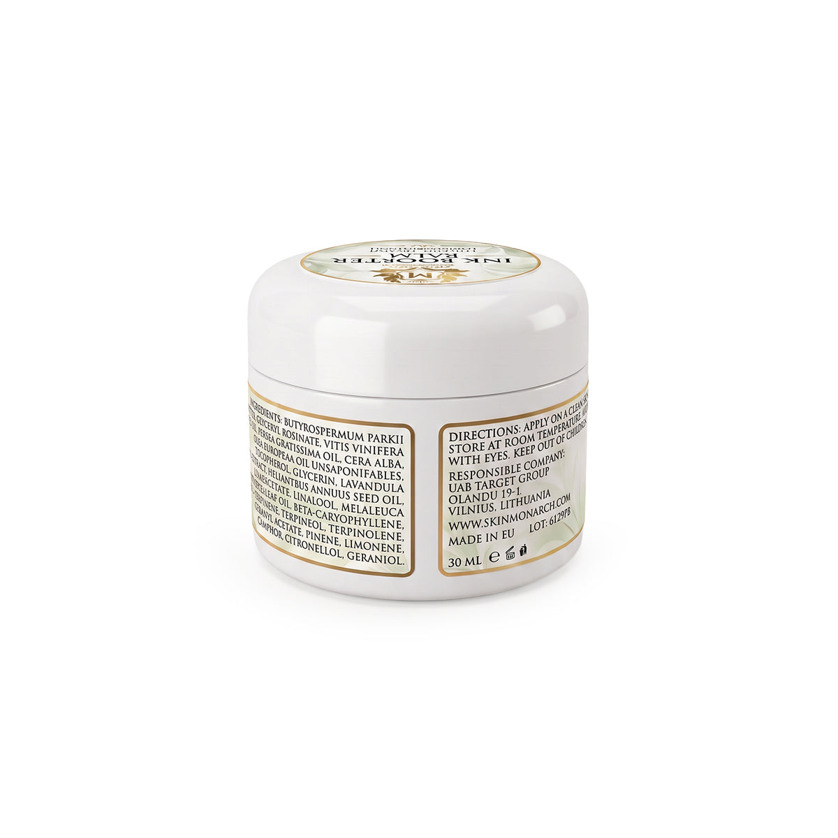 Skin Monarch Ink Booster Balm 30ml, back label with ingredients and directions