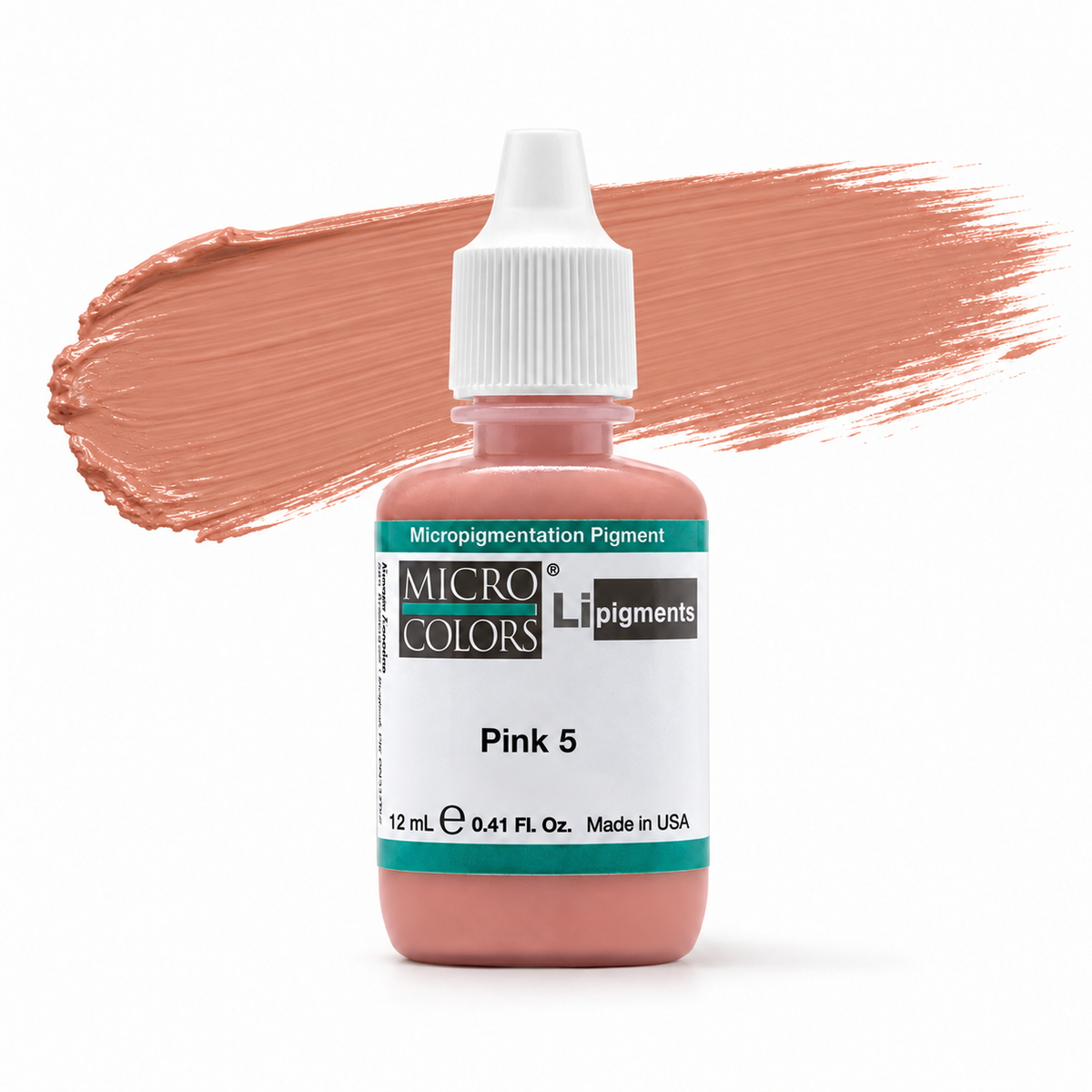 Li Pigments Pink 5 bottle with an illustrative colour brushstroke based on the manufacturer swatch