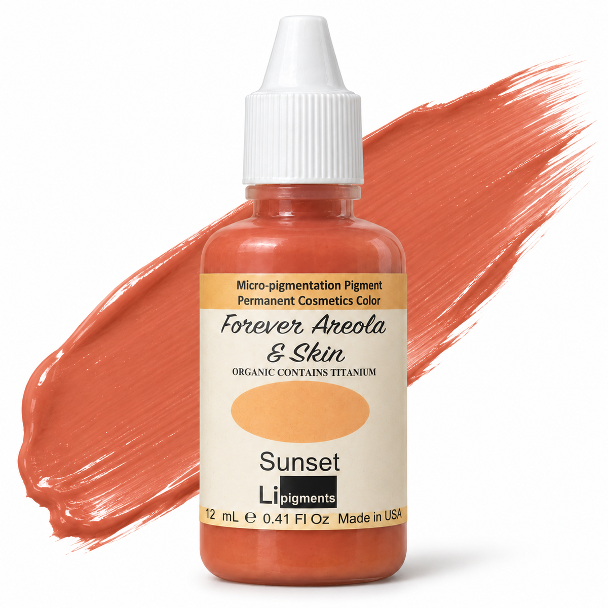 Li Pigments Forever Areola & Skin Sunset 12ml — bottle with illustrative liquid pigment colour smear