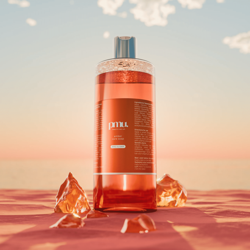 Kwadron Pretty Me Up Amber Care Soap 500ml bottle, gentle cleansing for permanent makeup and skin care.