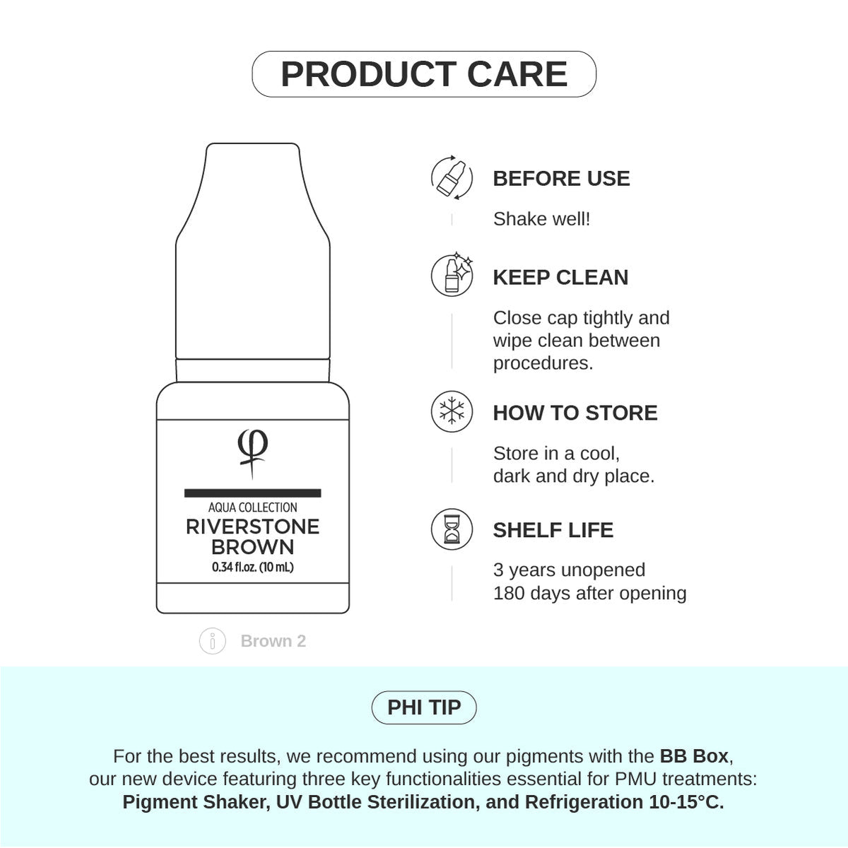 PhiAcademy PMU Aqua Riverstone Brown Pigment 10ml — product care and storage