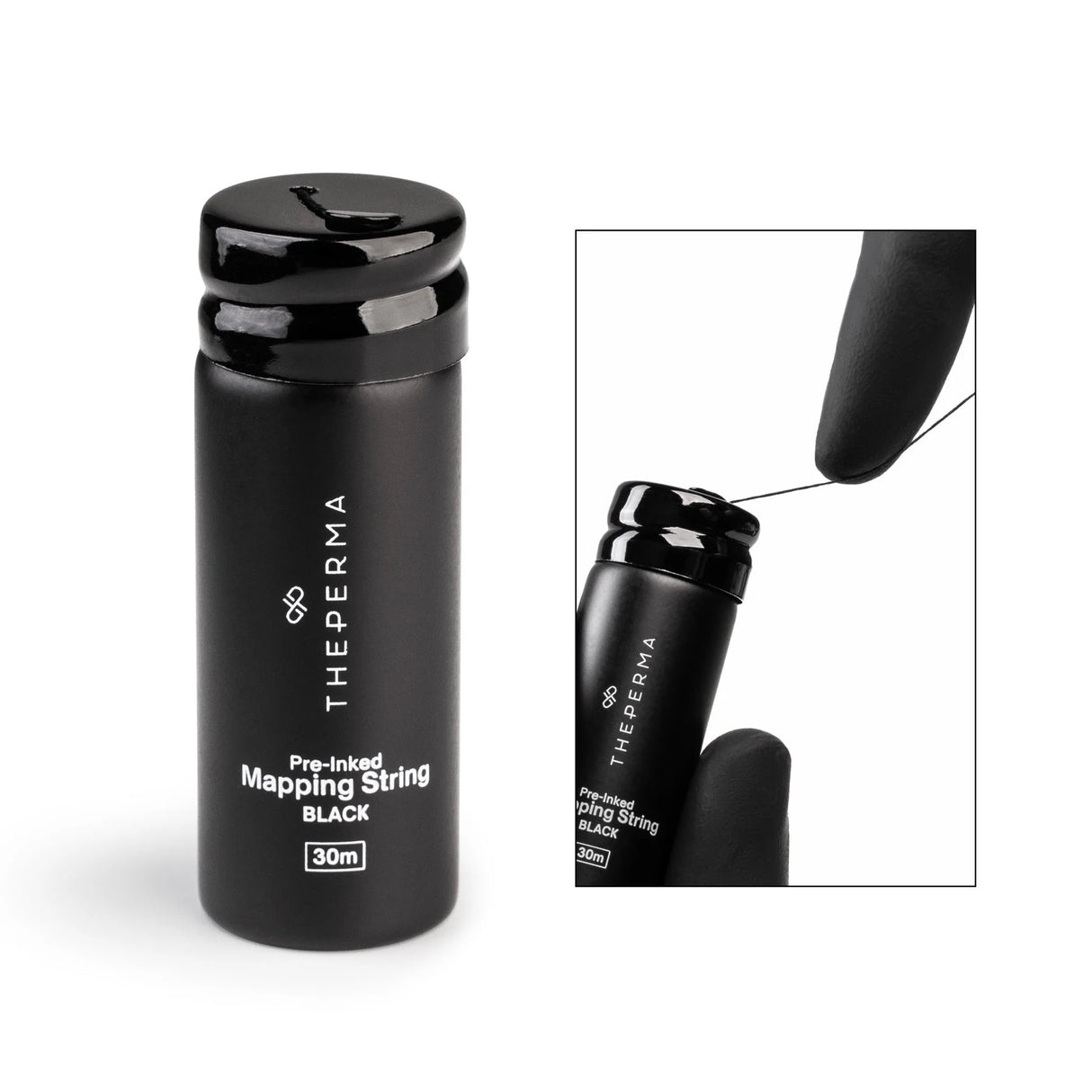 The Perma Mapping String Bottle in black, red, and white with a clear plastic body and colorful string inside.