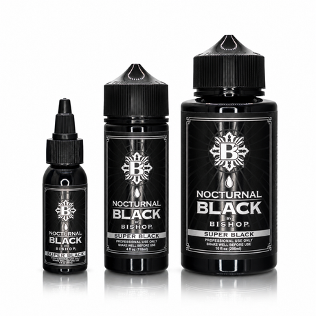 Nocturnal by Bishop Super Black 30ml, 118ml and 295ml bottles — size comparison