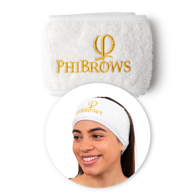 PhiBrows White Cotton Headband on a light background