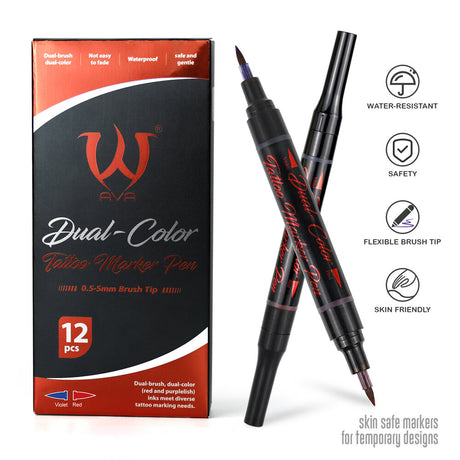 AVA Dual-Color Tattoo Marker Pen showing red and violet ink tips on a white background.