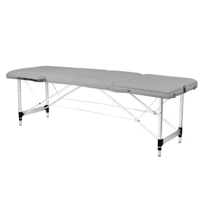BALANCE Three-Section Folding Aluminium Massage Table – Grey; three-quarter view, flat tabletop