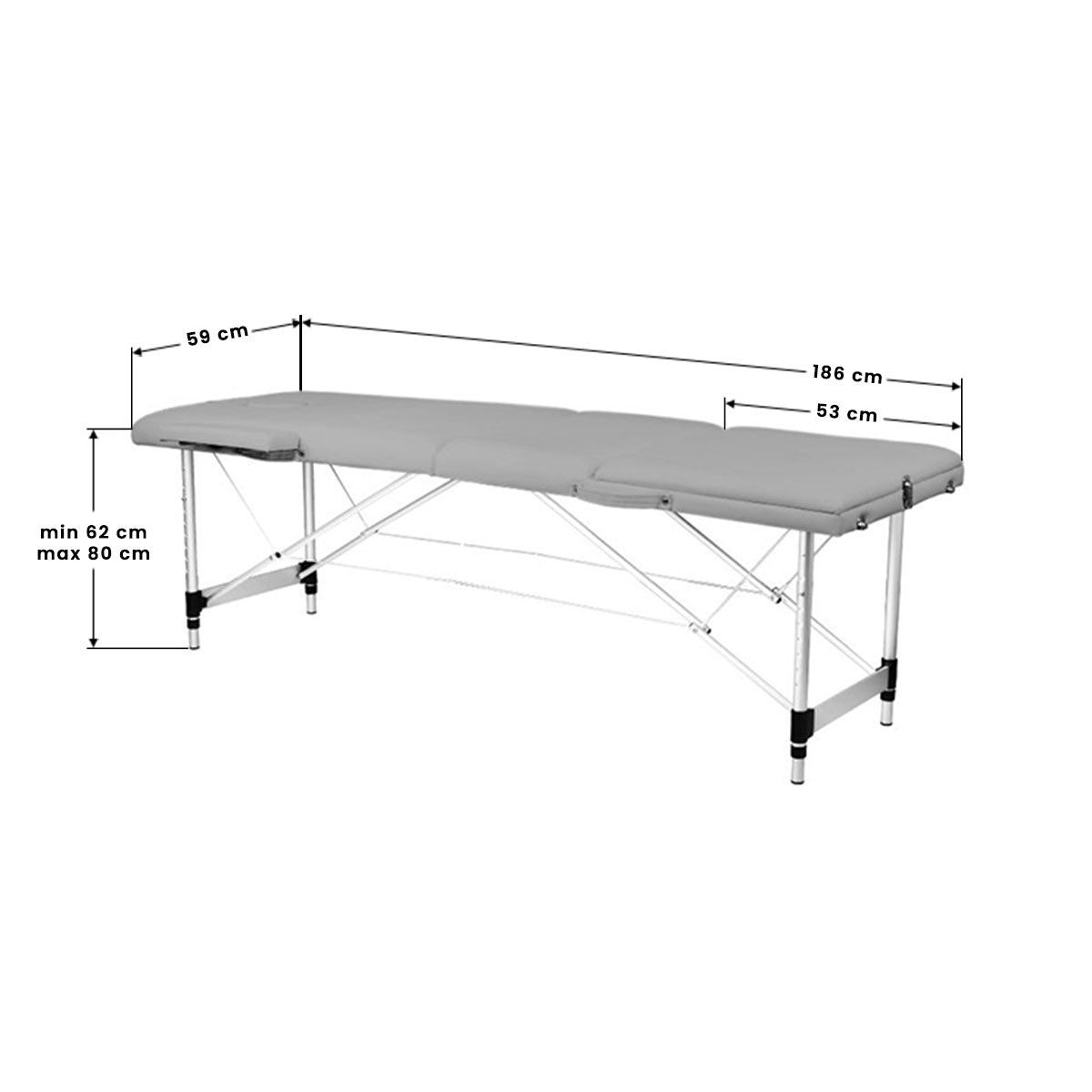 BALANCE Three-Section Folding Aluminium Massage Table – Grey; dimension drawing, 186 × 59 cm tabletop