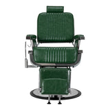 Gabbiano Royal X green barber chair with cushioned seat and backrest, adjustable headrest, and chrome armrests for barbershop use.
