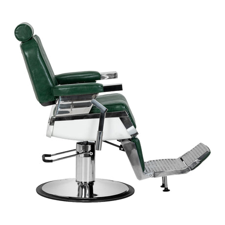 Green Gabbiano Royal X barber chair with cushioned seat, backrest, and armrests, designed for professional barbershop use.