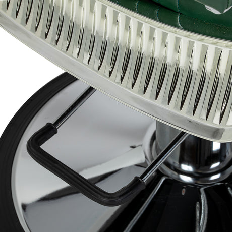 Green Gabbiano Royal X barber chair with padded backrest and armrests, featuring a sturdy metal base and adjustable height.