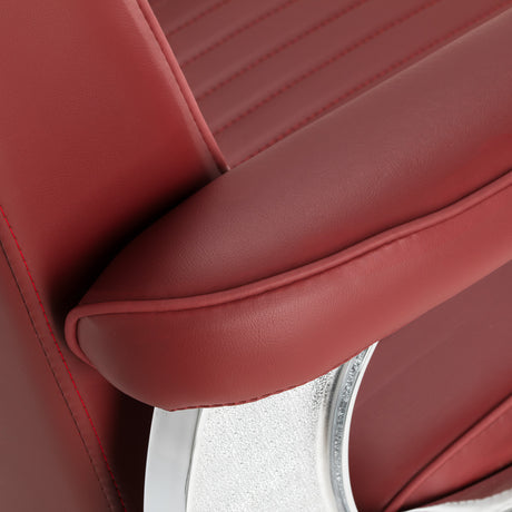 Gabbiano Visionerio+ Hydraulic Barber Chair – Red, Chrome Frame; padded armrest underside
