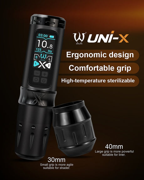 Wireless AVA UNI-X tattoo pen machine with ergonomic grip and sleek design for precise tattooing.