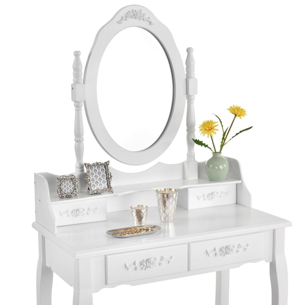 White MIRA Dressing Table with 4 drawers mirror + stool - BVShop