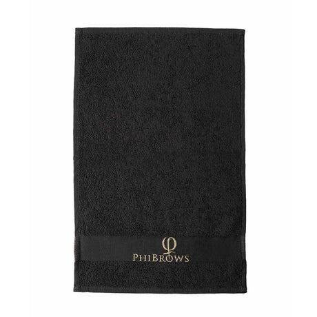 PhiBrows Black Cotton Towel 30x47cm on a light background