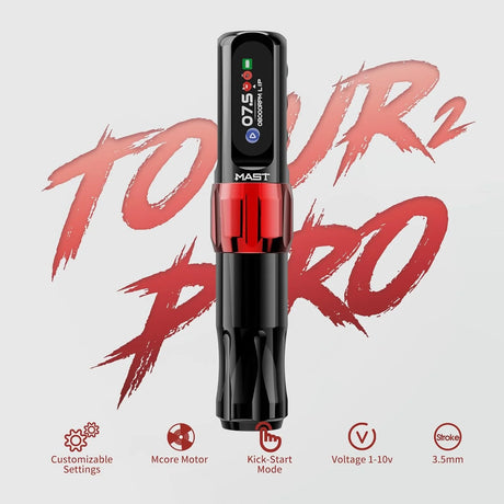 Mast Tour 2 Pro wireless tattoo machine in pink with a 3.5mm stroke, featuring sleek design and ergonomic grip.