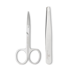 PhiBrows Stainless Steel Scissors & Tweezers on a light background