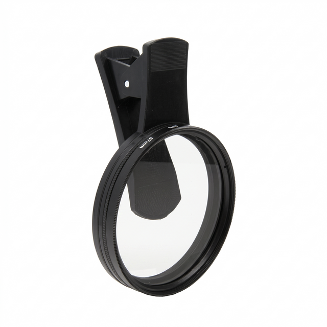 BVShop universal clip-on CPL lens for 67mm cameras, shown attached to a camera lens with adjustable clip and clear glass filter.