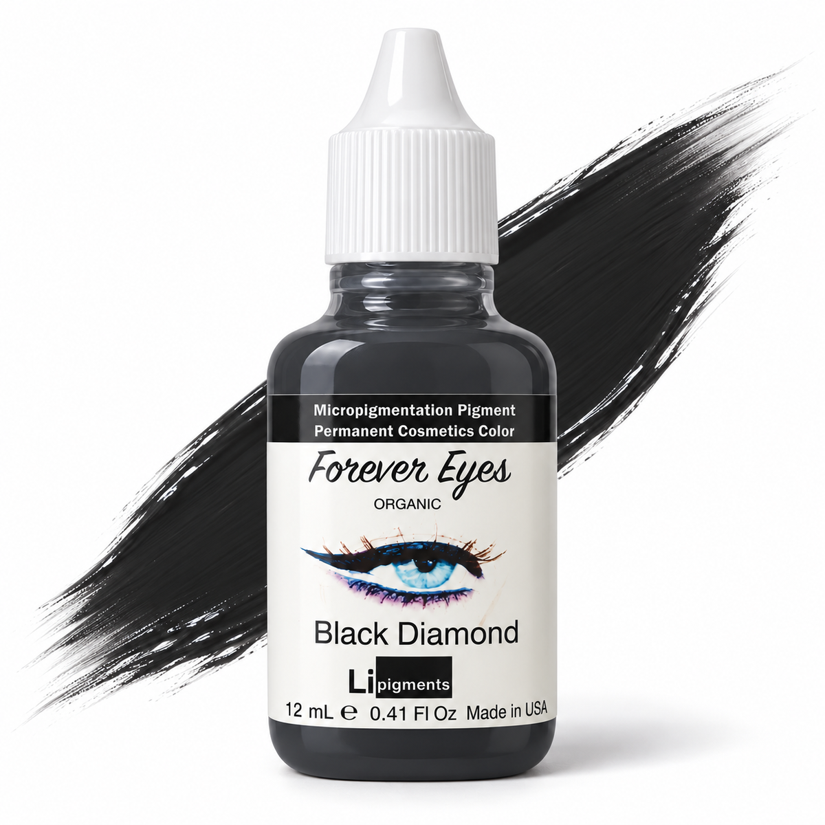 Li Pigments Forever Eyes Black Diamond Pigment 12ml - bottle with liquid pigment colour swipe