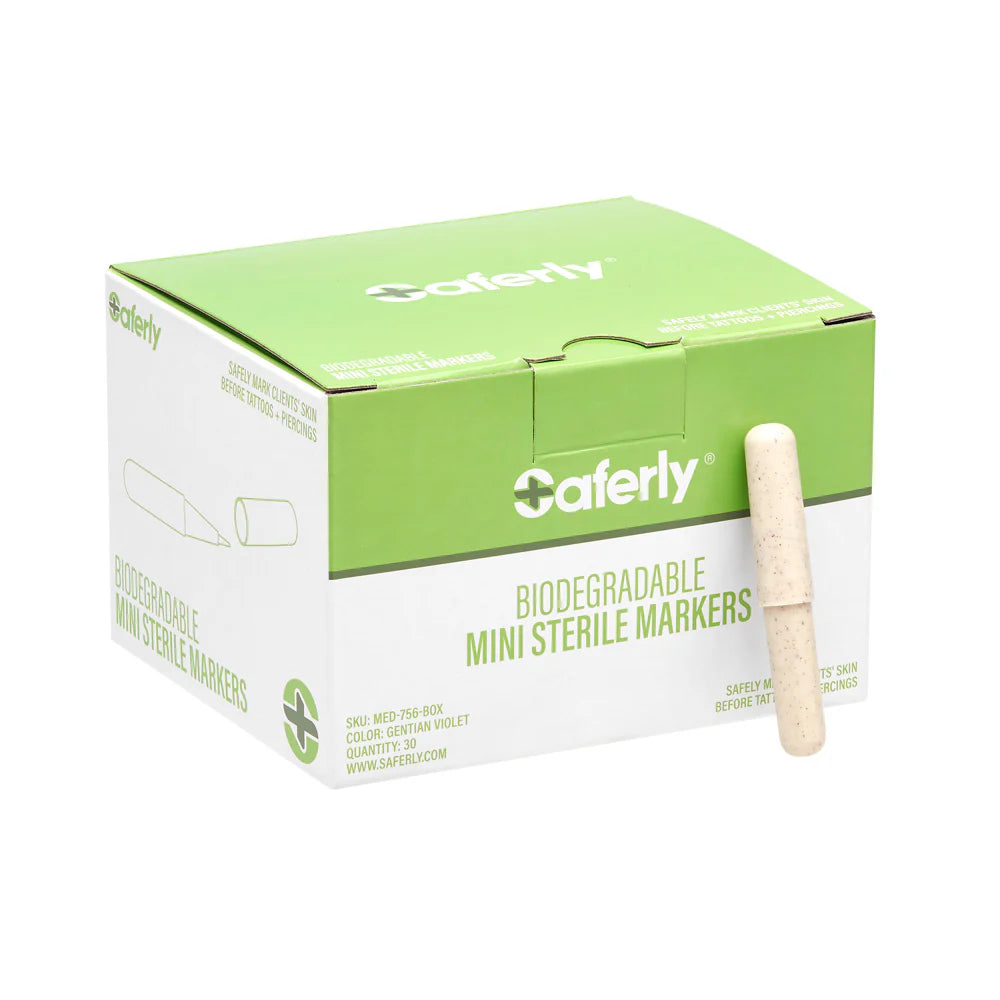 Saferly sterile biodegradable mini markers with bright color tips, used for marking and labeling in medical or industrial settings.