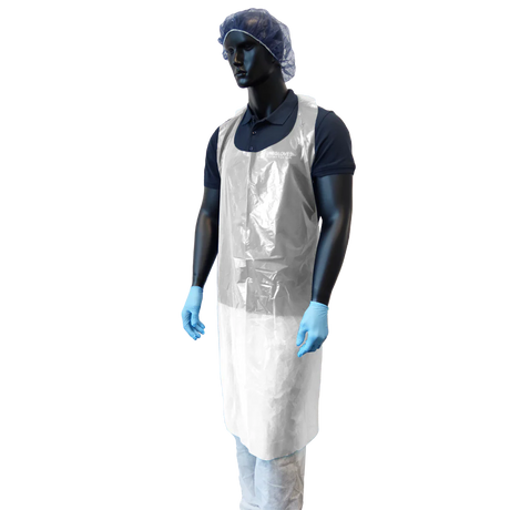 UNIGLOVES PE apron with a light blue, textured plastic surface, designed for industrial or food processing environments.