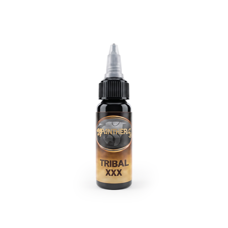 Panthera Tribal XXX Black 30ml bottle, REACH approved, featuring a sleek black design with tribal artwork, for grooming or styling.