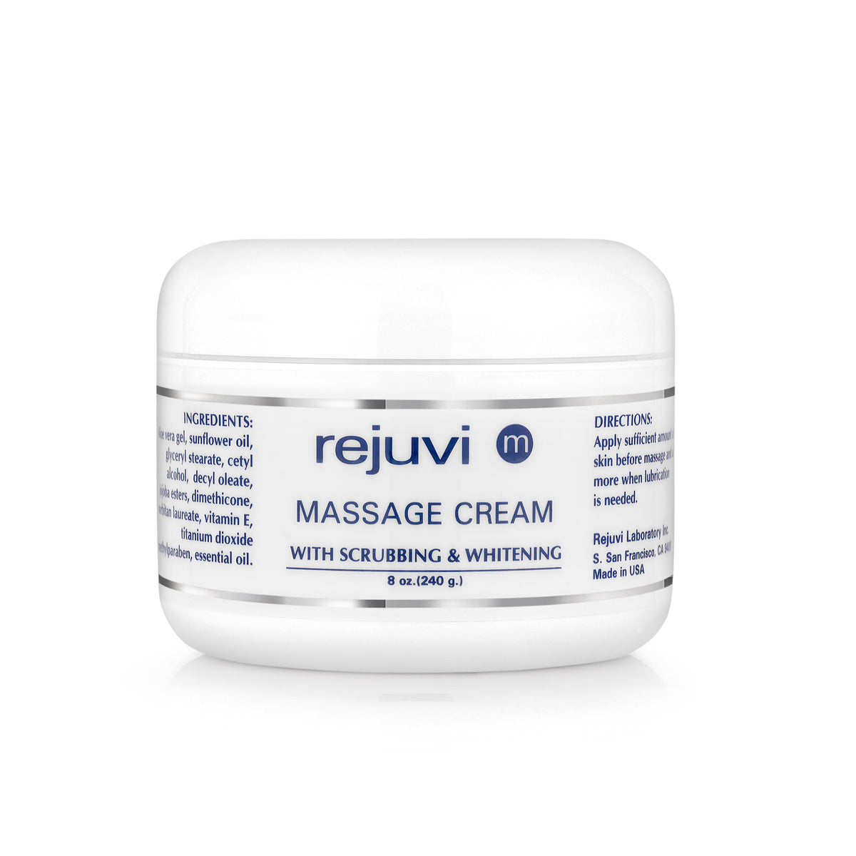 Rejuvi m Massage Cream with Scrubbing & Brightening 240g jar, front label