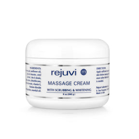 Rejuvi m Massage Cream with Scrubbing & Brightening 240g jar, front label
