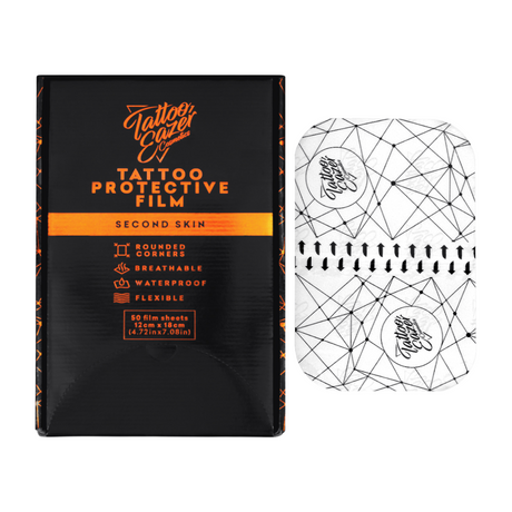 Tattoo Eazer second skin protective film, 12×18cm sheets, transparent adhesive covering for tattoo aftercare.