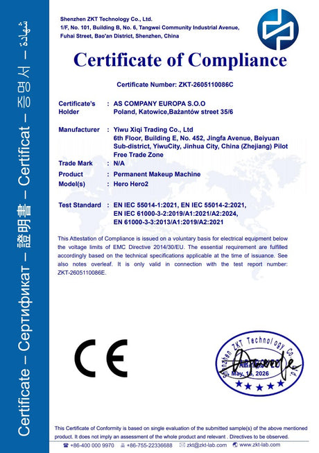 AS HERO 2 permanent makeup machine certificate of compliance