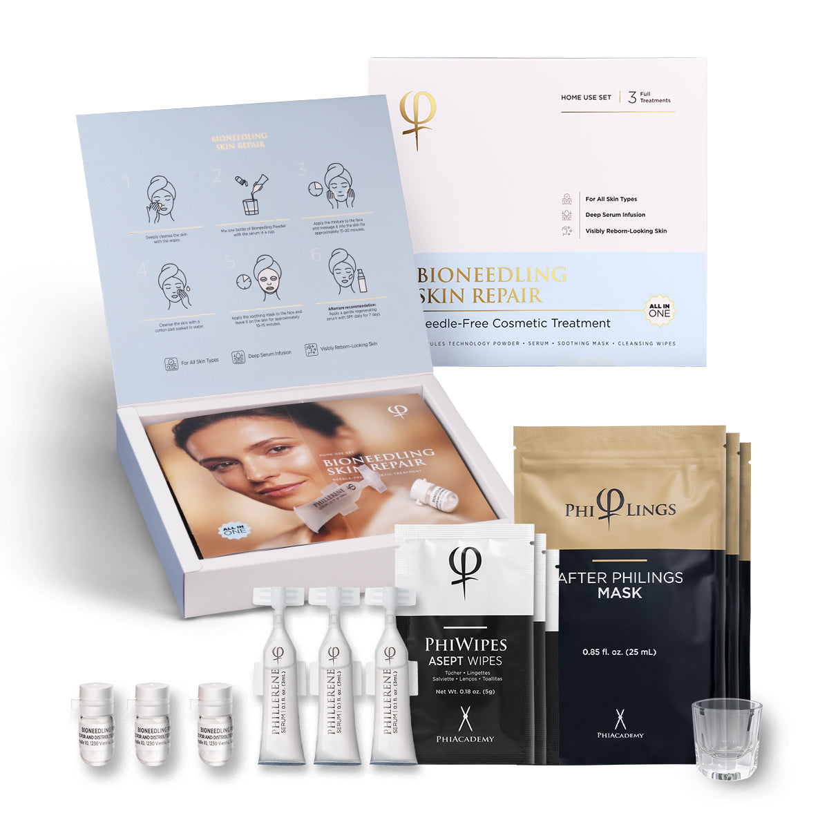 PhiAcademy Bioneedling Skin Repair Home Use Set 3 Treatments — three-treatment Bioneedling set contents laid out