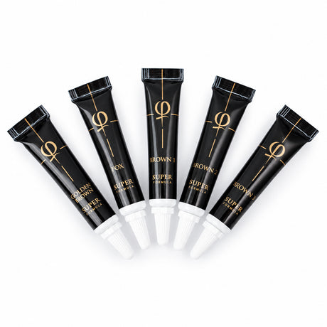 PhiBrows SUPER Microblading Pigment Collection 5x5ml — five SUPER pigment tubes arranged as a fan