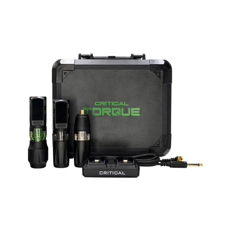 Critical Torque Wireless Tattoo Machine Ultimate Bundle with interchangeable needle tips and control panels, featuring sleek black design.