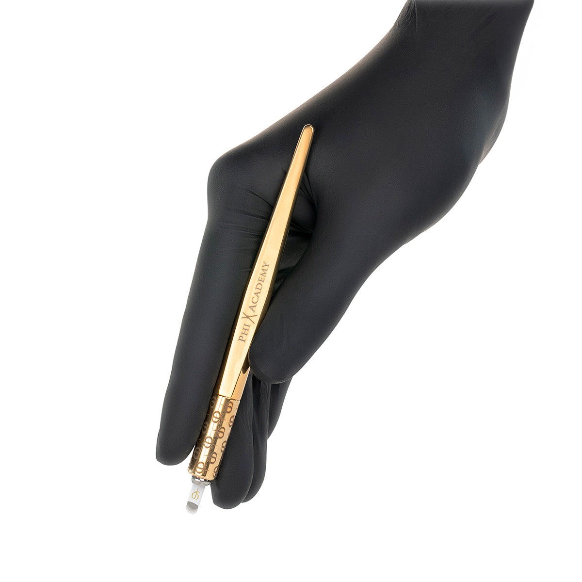 PhiBrows Universal Microblading Holder Gold — microblading holder held in a gloved hand