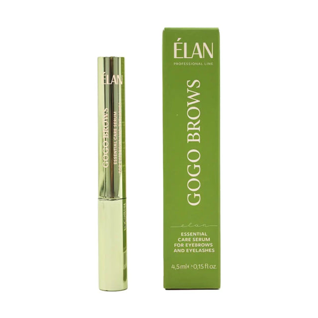 Elan GoGo Eyebrow and Lash Serum 4.5ml bottle with applicator brush for enhancing eyebrow and eyelash growth.