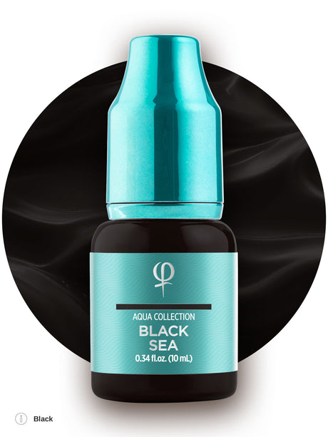 PhiAcademy PMU Aqua Black Sea Pigment 10ml — Black Sea pigment bottle on a black colour-texture background