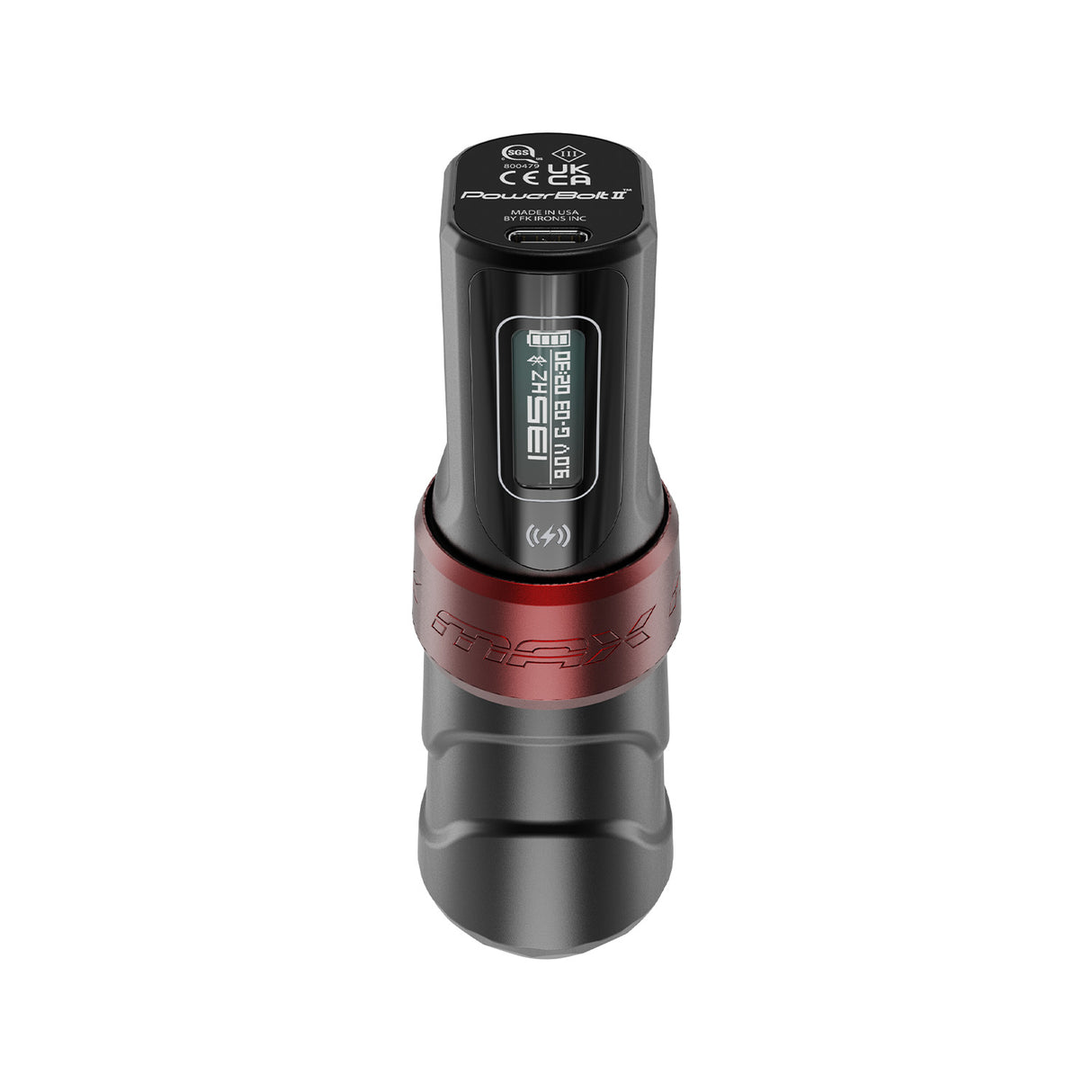 FK Irons Flux Max Yomico Red/Black tattoo machine angled view