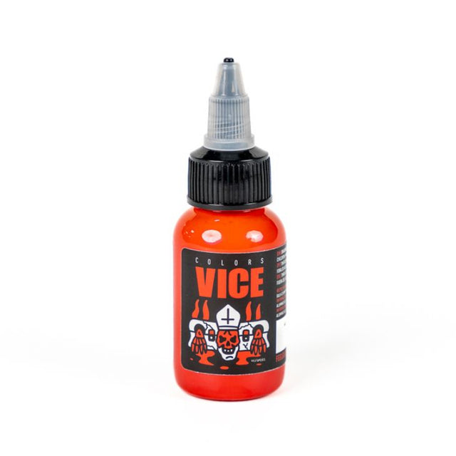 Vibrant Burning Red 30ml nail polish bottle by Vice Colors with the cap off, showing the bright red color inside.