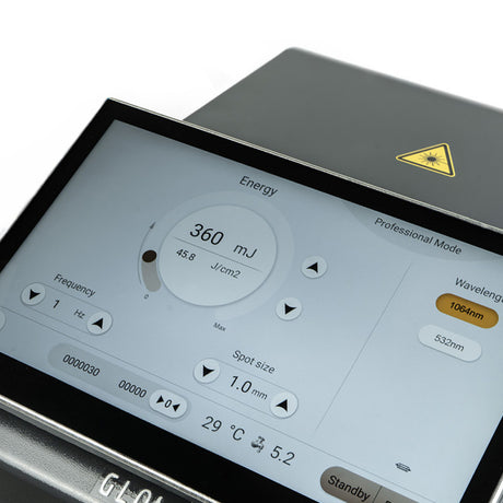 Compact GLOVCON MED tattoo removal laser with touchscreen interface