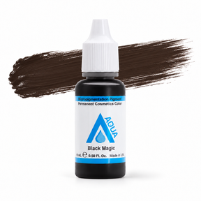 Li Pigments Black Magic bottle with an illustrative colour brushstroke based on the manufacturer swatch