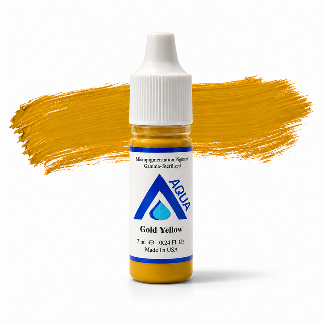 Li Pigments Aqua Gold Yellow 7ml – slender bottle with golden yellow pigment brushstroke