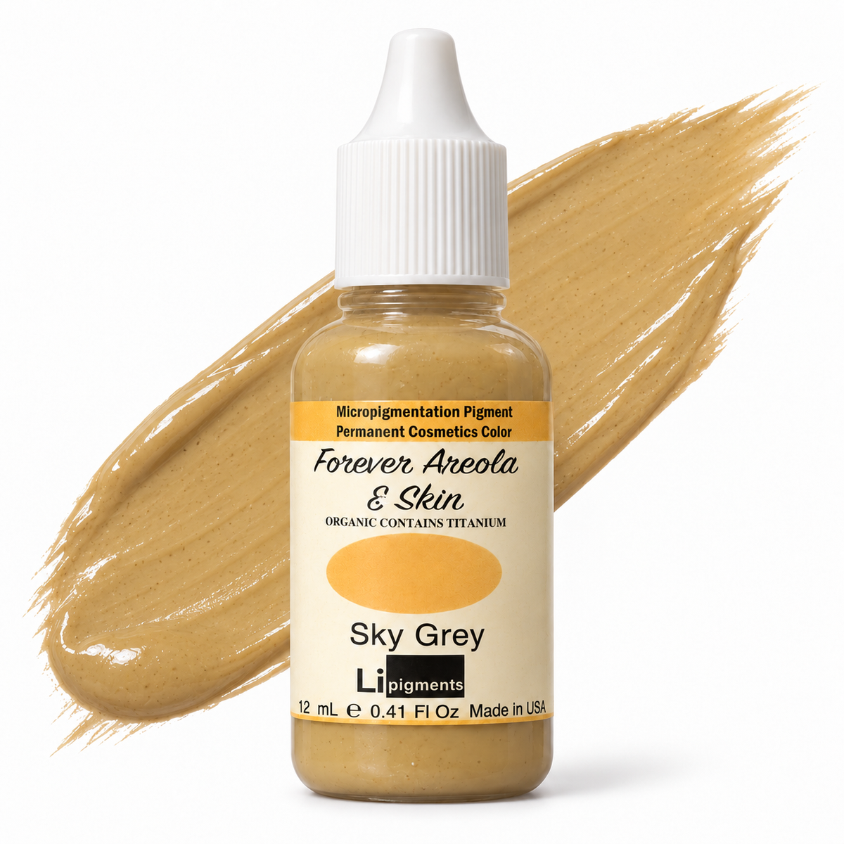 Li Pigments Forever Areola & Skin Sky Grey 12ml — bottle with illustrative liquid pigment colour smear