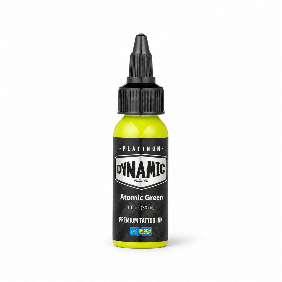 Platinum By Dynamic Tattoo Ink Atomic Green 30ml bottle on a white background with a natural shadow